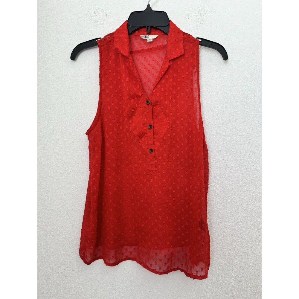 Volcom Women's Red Sleeveless Collared Henley Top Textured Sheer Medium